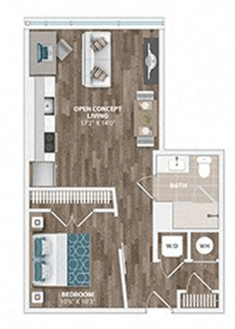 Floor plan for 1 bed, 1 bath, 584 sqft